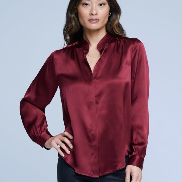 L'AGENCE Bianca Band Collar Silk Blouse in Black Cherry Size Large - Picture 1 of 4